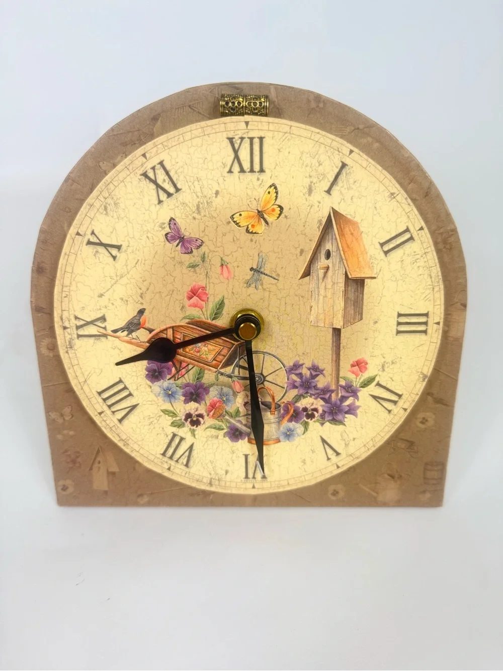 Arched Mantel Clock Featuring Rustic Floral & Birdhouse Graphic W/Roman Numerals